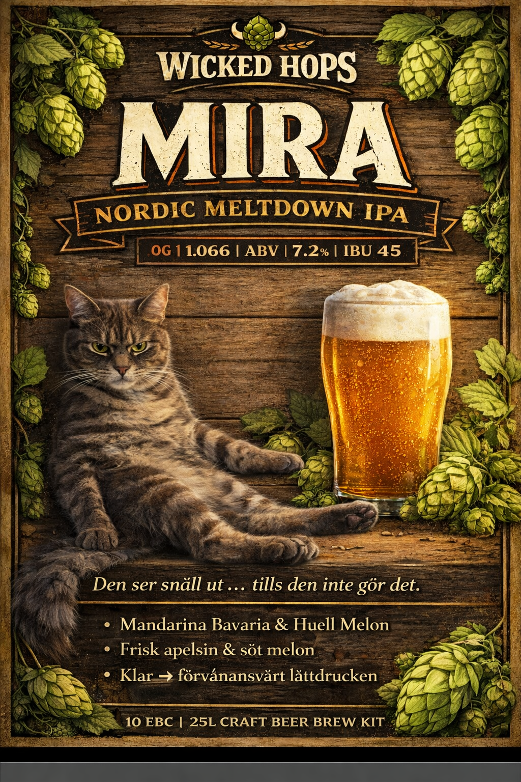 MIRA Nordic Meltdown IPA ölbryggarkit med arg kattmotiv och humle – Wicked Hops IPA kit 25 liter